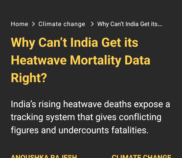 Home > Climate change > 


Why Can't India Get its Heatwave Mortality Data Right?

India’s rising heatwave deaths expose a tracking system that gives conflicting
figures and undercounts fatalities.


https://www.thequint.com/climate-change/india-heatwave-heatstroke-deaths-mortality-data