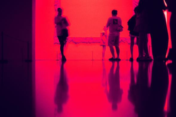 Harman Red 125 (FF)

English
A dimly lit room with a vibrant red and purple glow. The floor is highly reflective, creating a mirror-like effect. Silhouettes of people are visible, with their shadows and reflections adding depth to the scene. The walls are dark, and the light source appears to be a large, illuminated red panel on one side, casting a warm hue over the space.
中文
一个光线昏暗的房间，充满浓烈的红色和紫色光晕。地板具有高反光性，宛如镜面一般。可以看到人们的剪影，他们的影子和倒影为场景增添了深度。墙壁较暗，光源似乎来自一侧的一块大型红色发光面板，为整个空间笼罩上一层温暖的色调。