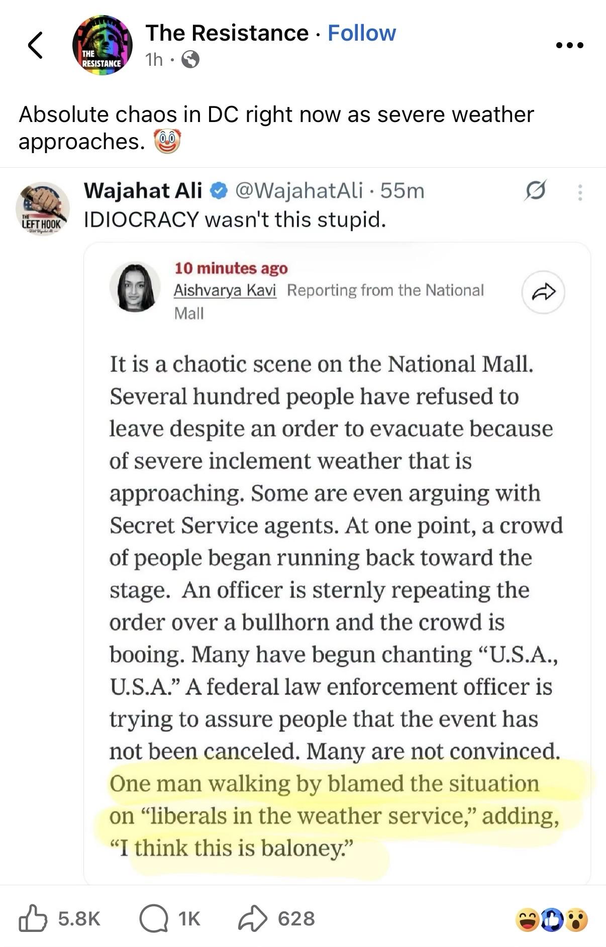 A social media post discussing chaotic scenes at the National Mall in Washington, D.C., where hundreds of people are refusing to evacuate despite severe weather warnings. It includes commentary on the situation, highlighting disagreements between the crowd and law enforcement,