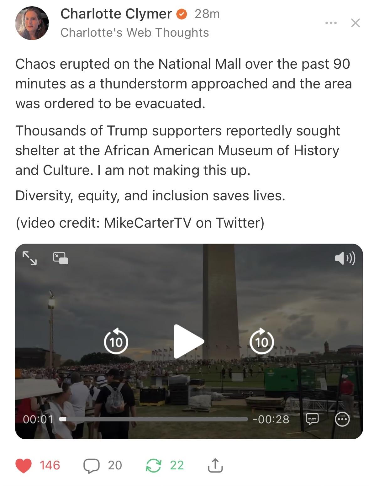 A social media post discusses chaos at the National Mall due to an approaching thunderstorm, leading to an evacuation. It mentions that many Trump supporters sought shelter at the African American Museum of History and Culture and emphasizes the importance of diversity, equity, and inclusion