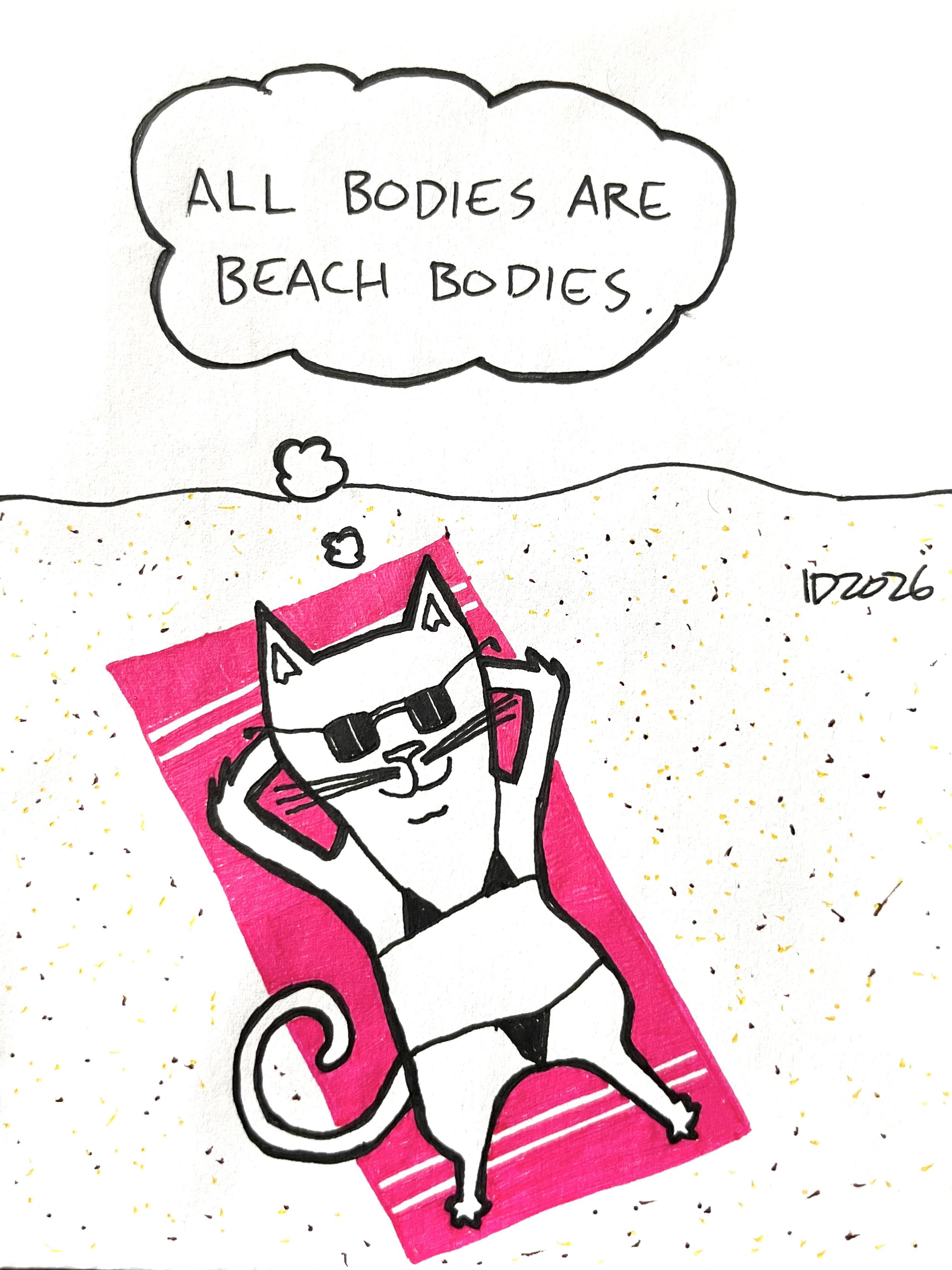 a cat wearing sunglasses and a bikini lounges supine on a hot pink towel on a sandy expanse amid the dunes and thinks "all bodies are beach bodies."