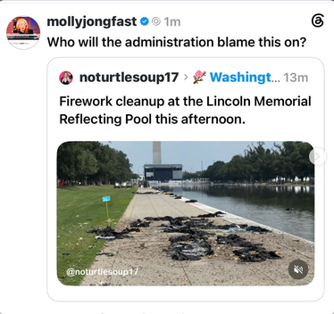 @noturtlesoup17 says "Firework cleanup at the Lincoln Memorial Reflecting Pool this afternoon" and posts a picture of blackened debris fished out of the water and lying on the concrete next to the pool.
Molly Jong-Fast wonders "Who will the administration blame this on?"