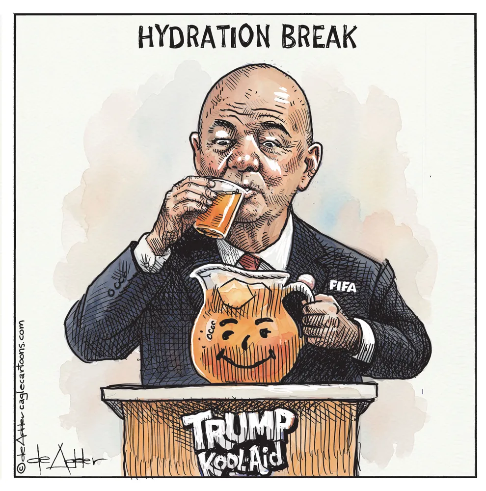 Cartoon of FIFA president Infantino drinking the Trump Kool Aid. He bowed to Trump's review request among other absurdities.