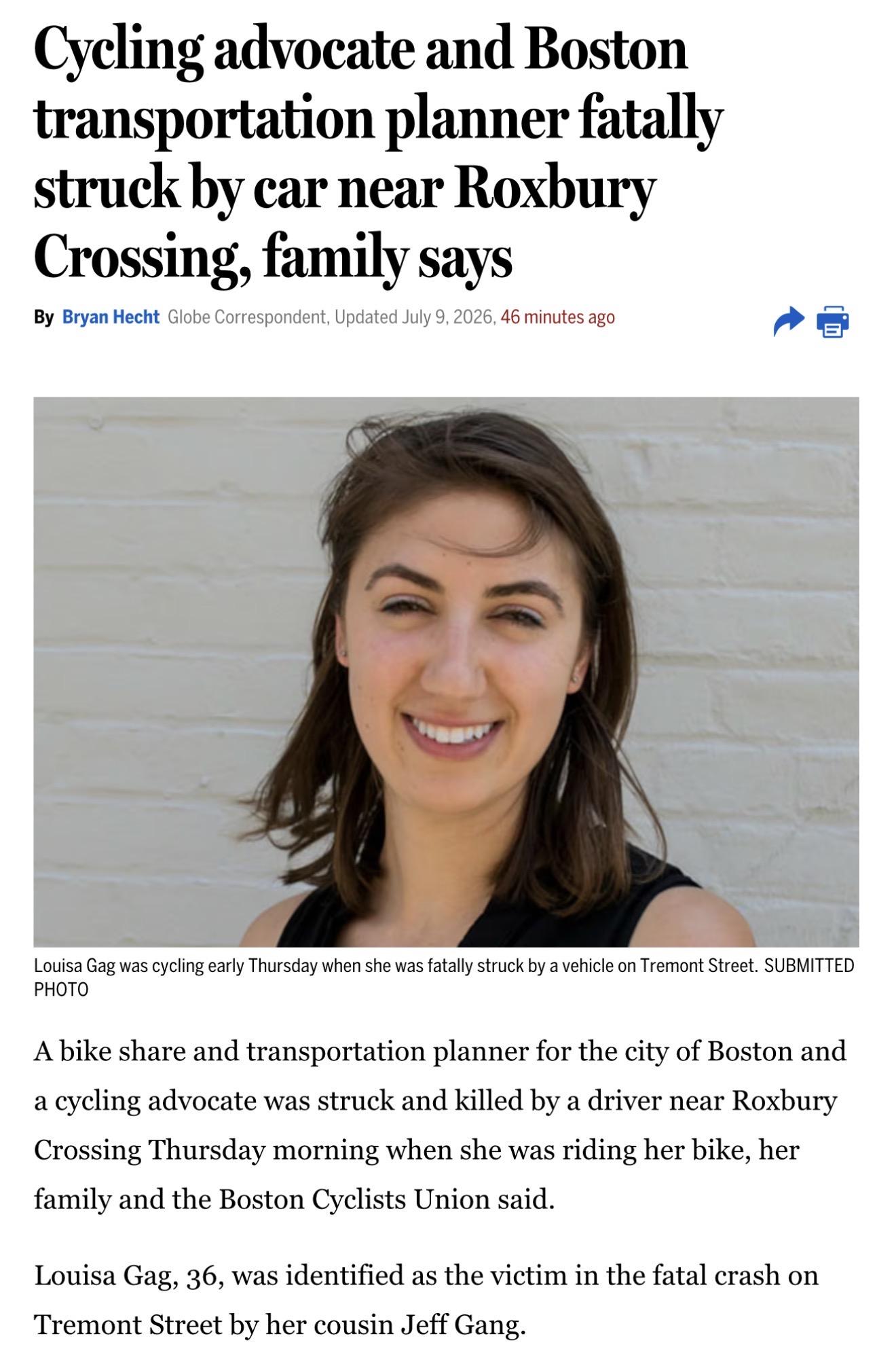 Cycling advocate and Boston transportation planner fatally struck by car near Roxbury Crossing, family says
A bike share and transportation planner for the city of Boston and a cycling advocate was struck and killed by a driver near Roxbury Crossing Thursday morning when she was riding her bike, her family and the Boston Cyclists Union said.
Louisa Gag, 36, was identified as the victim in the fatal crash on Tremont Street by her cousin Jeff Gang.