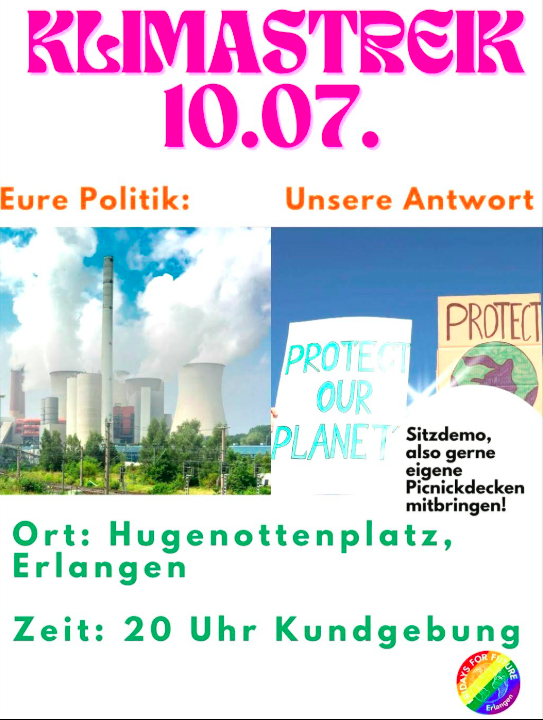 Klimastreik-Plakat wirbt für die Sitzdemo #Sitzstreik
rechts unten FFF-Logo in Regenbogen- bzw. Pride-Farben
