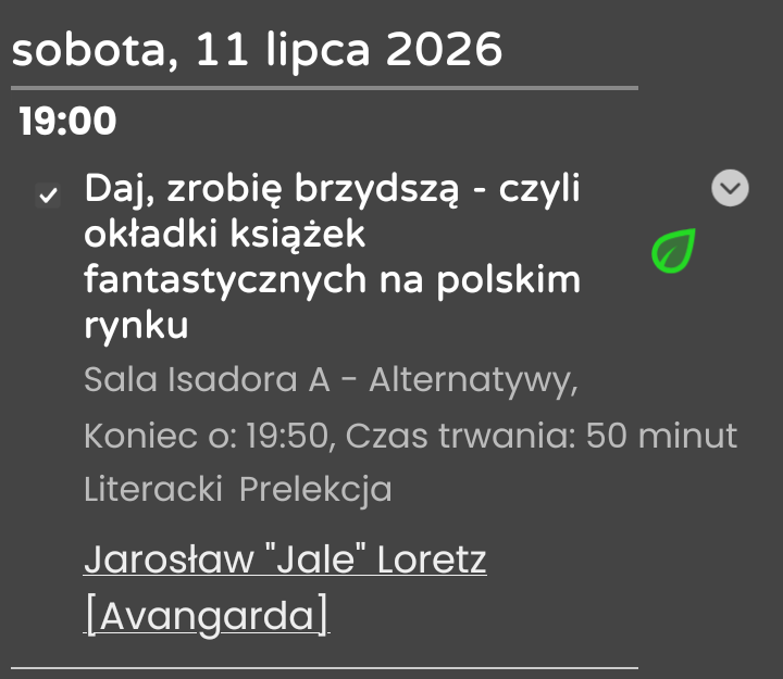 Screenshot z programu Bazyliszka na jutro, prelekcja nosi tytuł: "Daj, zrobię brzydszą - czyli okładki książek fantastycznych na polskim rynku".