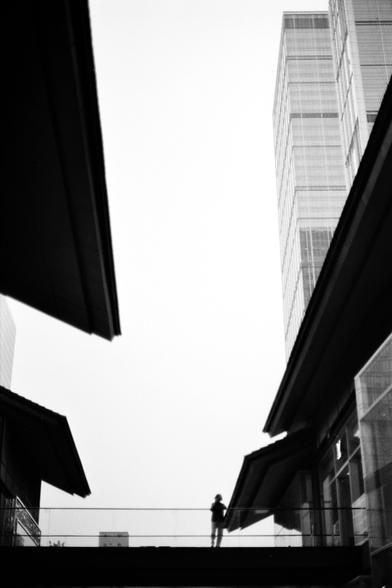 Fujifilm NEOPAN F (FF)

English
A black-and-white photograph taken from a low angle, showing a person standing on a glass walkway or bridge between two tall buildings. The sky is bright, and the buildings on either side are partially visible, creating a stark contrast with the silhouette of the person.
中文
一张从低角度拍摄的黑白照片，展示了一个人站在两座高楼之间的玻璃步道或桥梁上。天空明亮，两侧的建筑部分可见，与人的剪影形成鲜明对比。