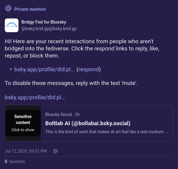 Bridgy Fed notifying me that a non-bridged Bluesky user replied to the post