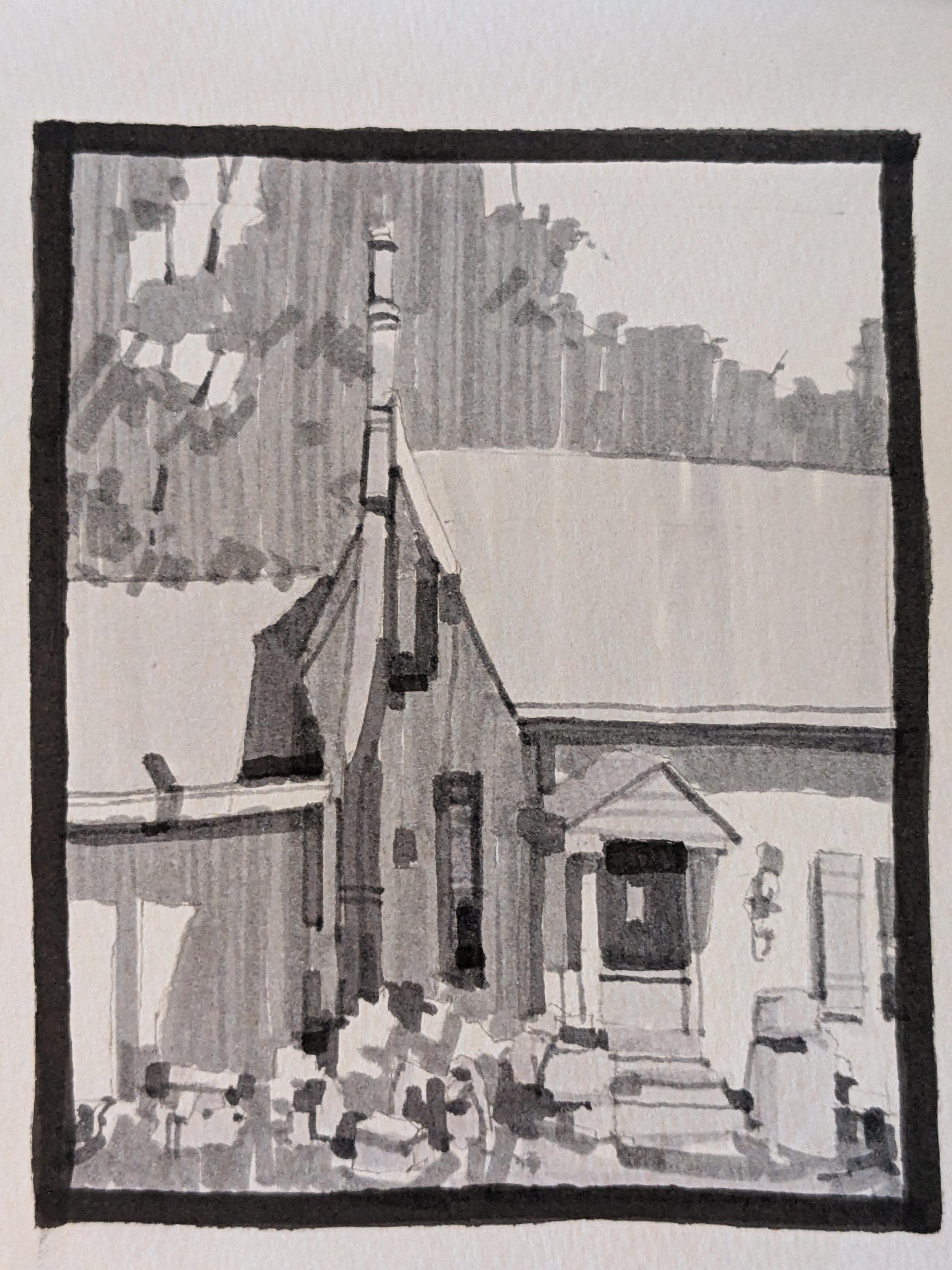 Gray-scale marker drawing of a house in East Hebron, New York. Light asphalt roofing covers two sections of a single floor home as large trees and brush huddle in the background. A small covered entry reside on the right center, with cement stairs and various objects littering the foreground. A steel pipe for fire exhaust separates the garage - to the left - from the house.