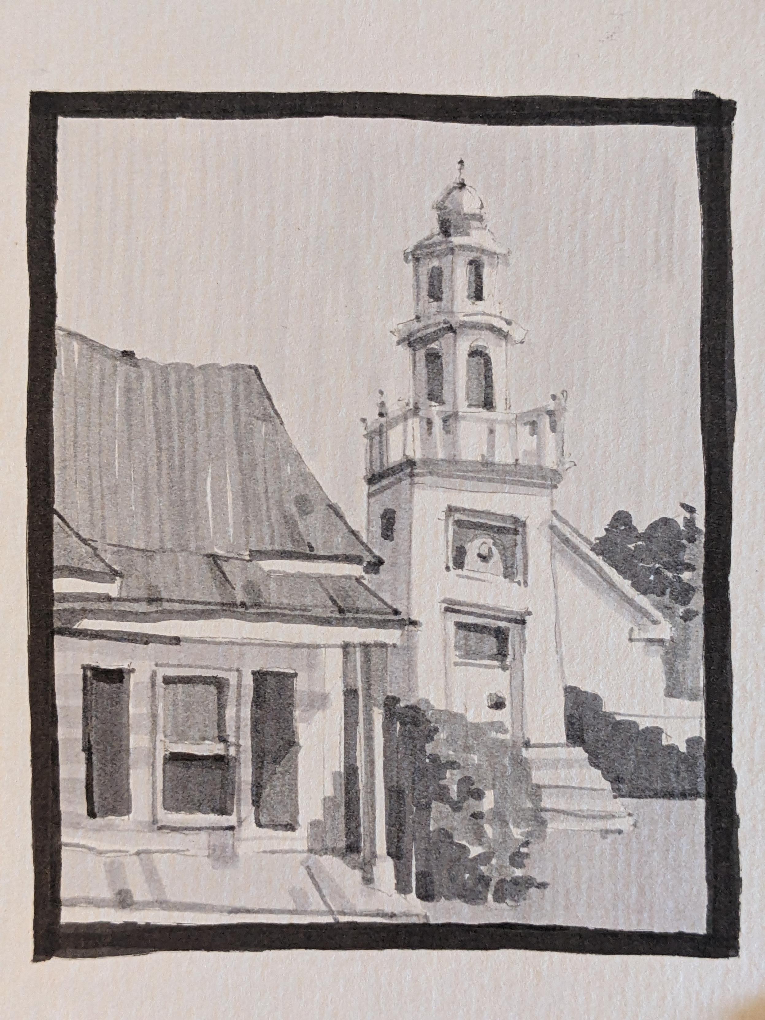 Gray-scale marker drawing of a small white clapboard church behind a short house. To the left a portion of the house is seen, with a small front porch and window covered in summer shade from its roof. Behind it and to the right are steps leading to a small church encased in bushes. A bell tower rises from its entry, with arched windows and capped with a small round dome.