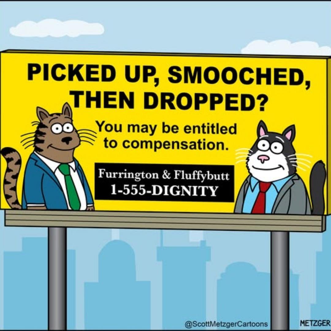 Cartoon of two cats in suits on a billboard. Text: PICKED UP, SMOOCHED, THEN DROPPED? You may be entitled to compensation. Furrington & Fluffybutt 1-555-DIGNITY.