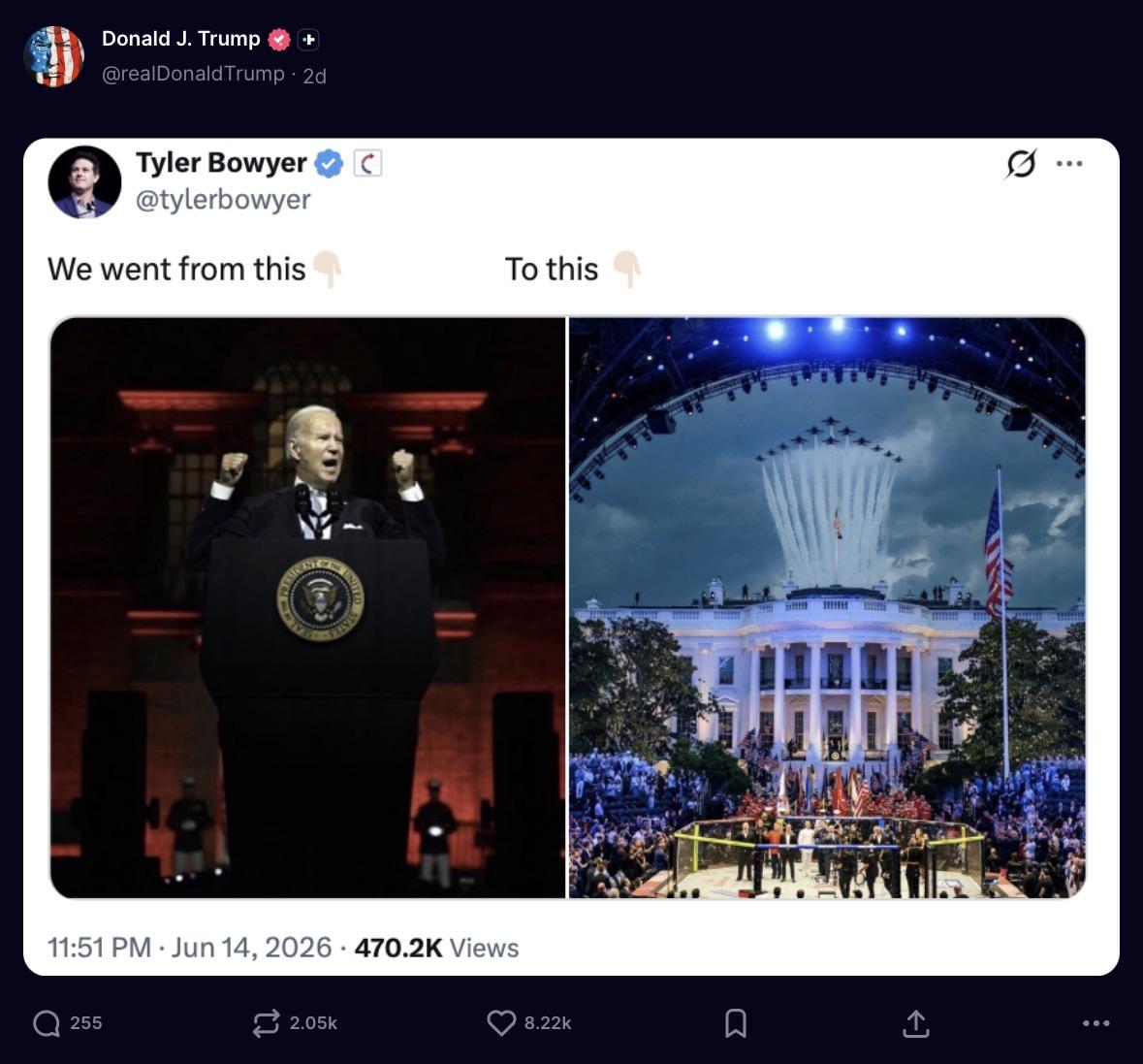 Trump Truth post. Tweet by Tyler Bowen. “We went from this…to this.”

Before is Joe Biden giving a presidential speech. After is some AI shit slop of UFC fight on WH lawn with jets in the sky flying over.