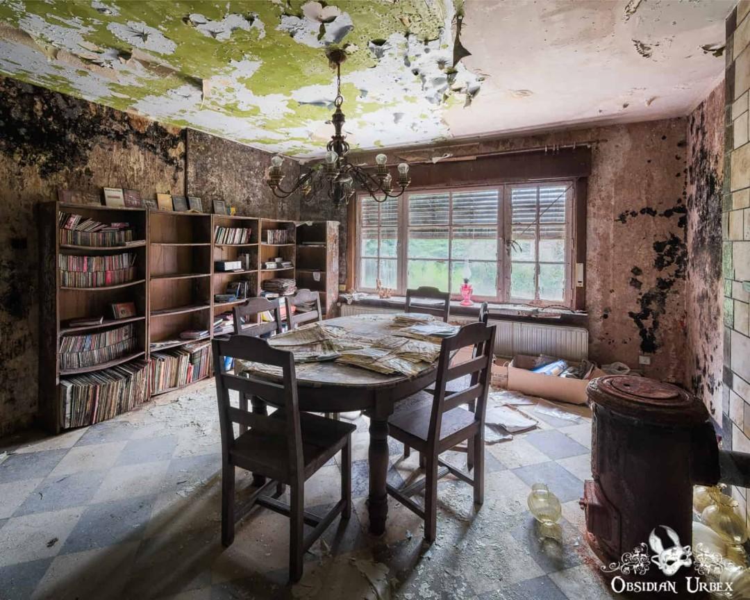 A decaying dining room features a table, chairs, and extensive bookshelves. Peeling green paint on the ceiling and blackened walls