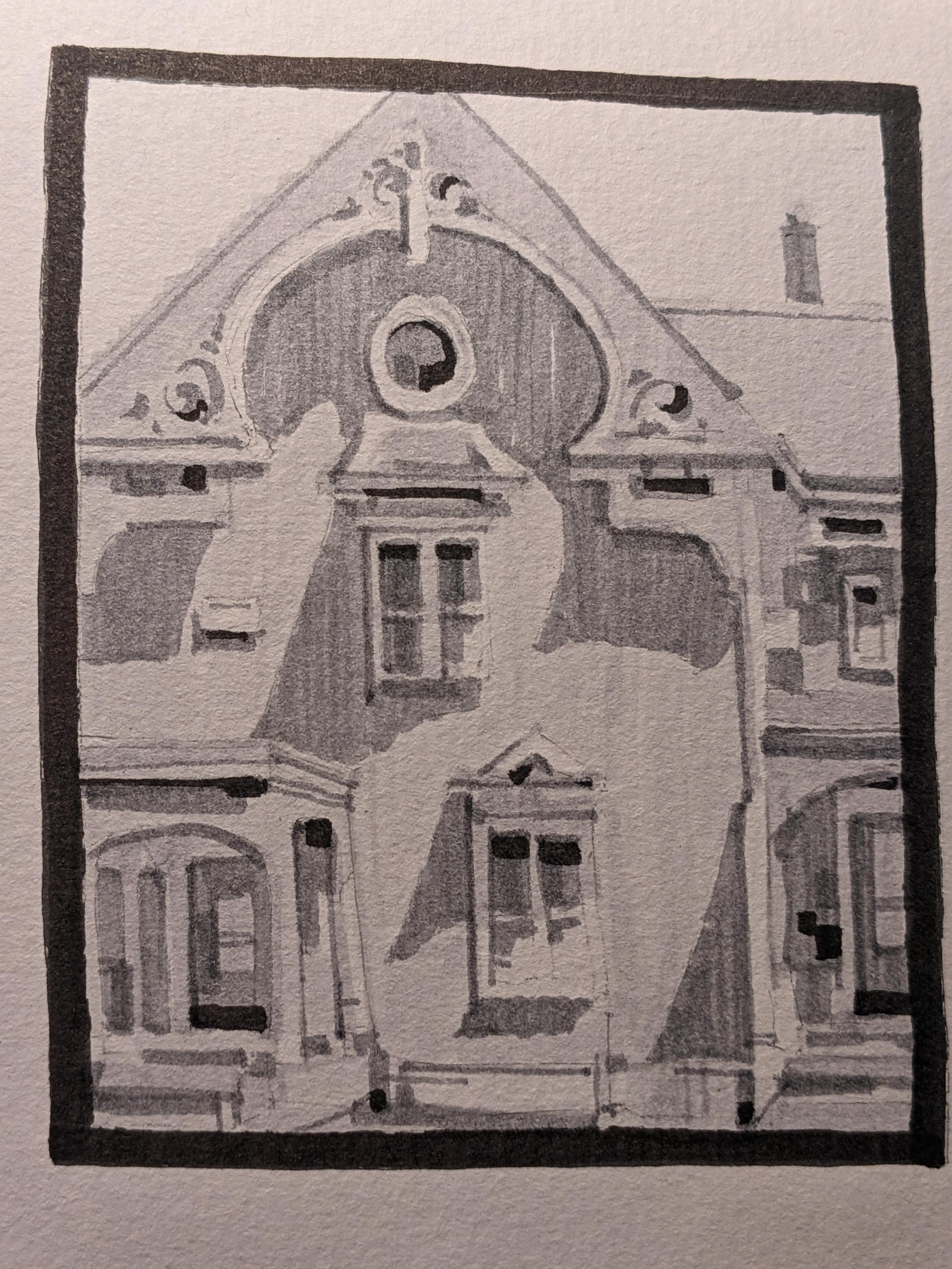 Gray-scale marker drawing of a multi-purpose colonial house in downtown Middlebury, Vermont. A large, imposing house with ornate trim fills the space, its upper level covered in arched shadow, revealing a small portico window. Below it, several windows with ornate overhangs are scattered across the house's facade. The ground floor has spaced out entries with small porches, covered in angled shadows from a noon sun above.