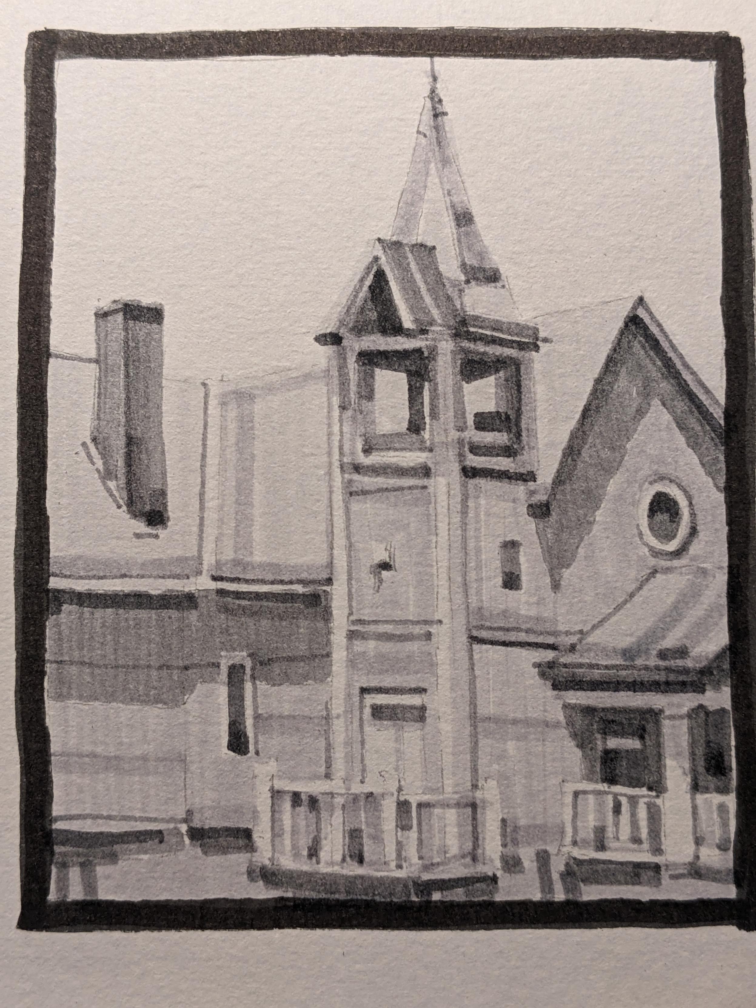 Gray-scale marker drawing of an old church in Ferrisburgh, Vermont. A small bellower rises in the center, with square cutouts below a steeple. To the left, a tall, thin chimney rises at the meeting of roofs. To the right, a small portico window sets above the roof of a porch providing an entry covered in shadow. The ground level has various white fencing and banisters.