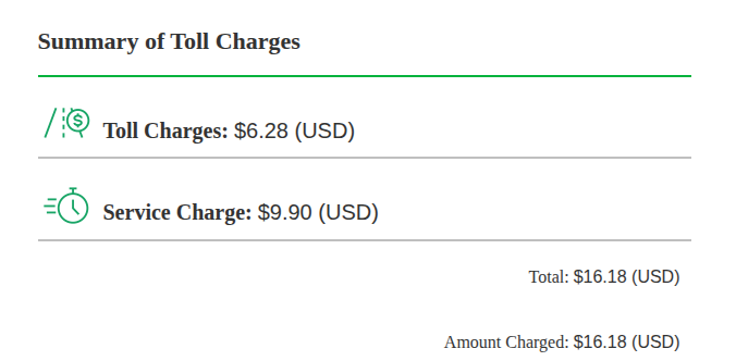 A summary of charges. Toll charge: $6.28 in US dollars. Service charge: $9.90 in US dollars. The total is $16.18
