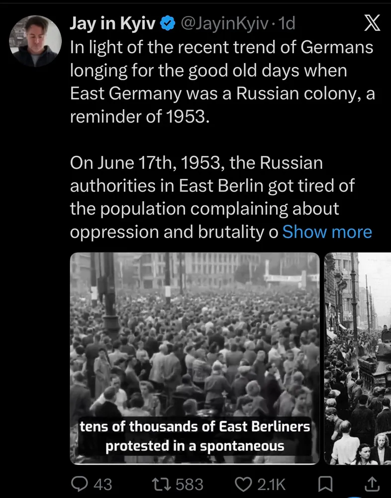 @jayinkyiv In light of the recent trend of Germans longing for the good old days when East Germany was a Russian colony, a reminder of 1953.On June 17th, 1953, the Russian authorities in East Berlin got tired of the population complaining about oppression and brutality #Germany #Stasi #History