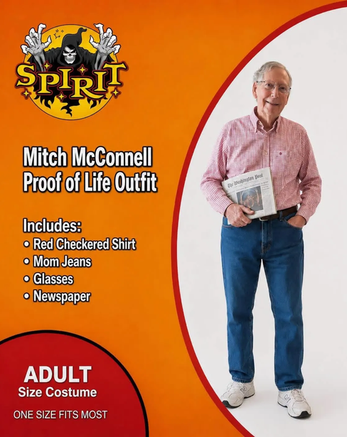 Spirit Halloween costume template which says "Mitch McConnell Proof of Life Outfit. Includes: Red checkered shirt, mom jeans, glasses, newspaper." Picture shows a photoshop of the photoshop of Mitch in jeans and a checkered shirt holding the WaPo sports section.