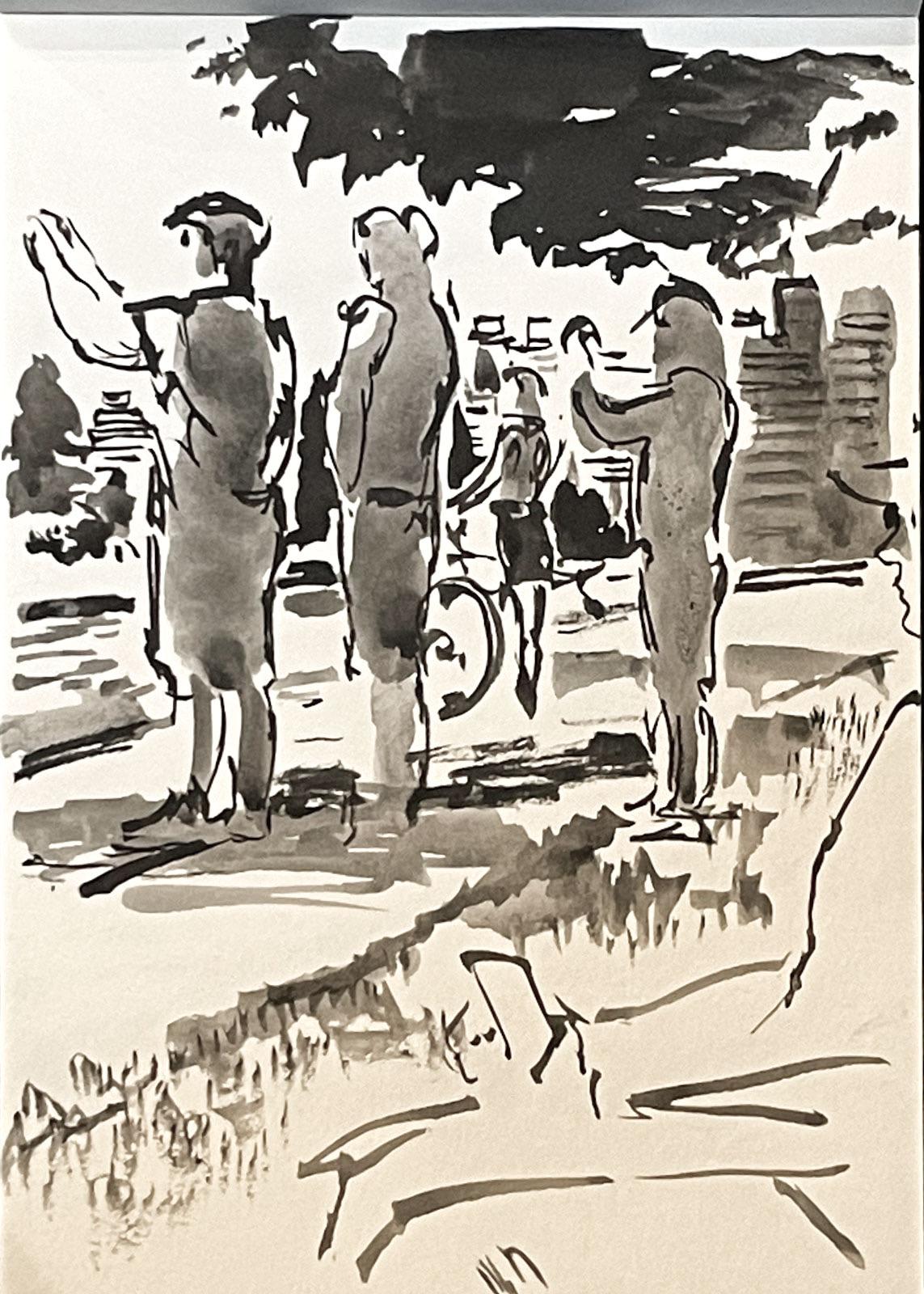 A sketch of people in bike gear reaching out with phones to snap pictures of a skyline