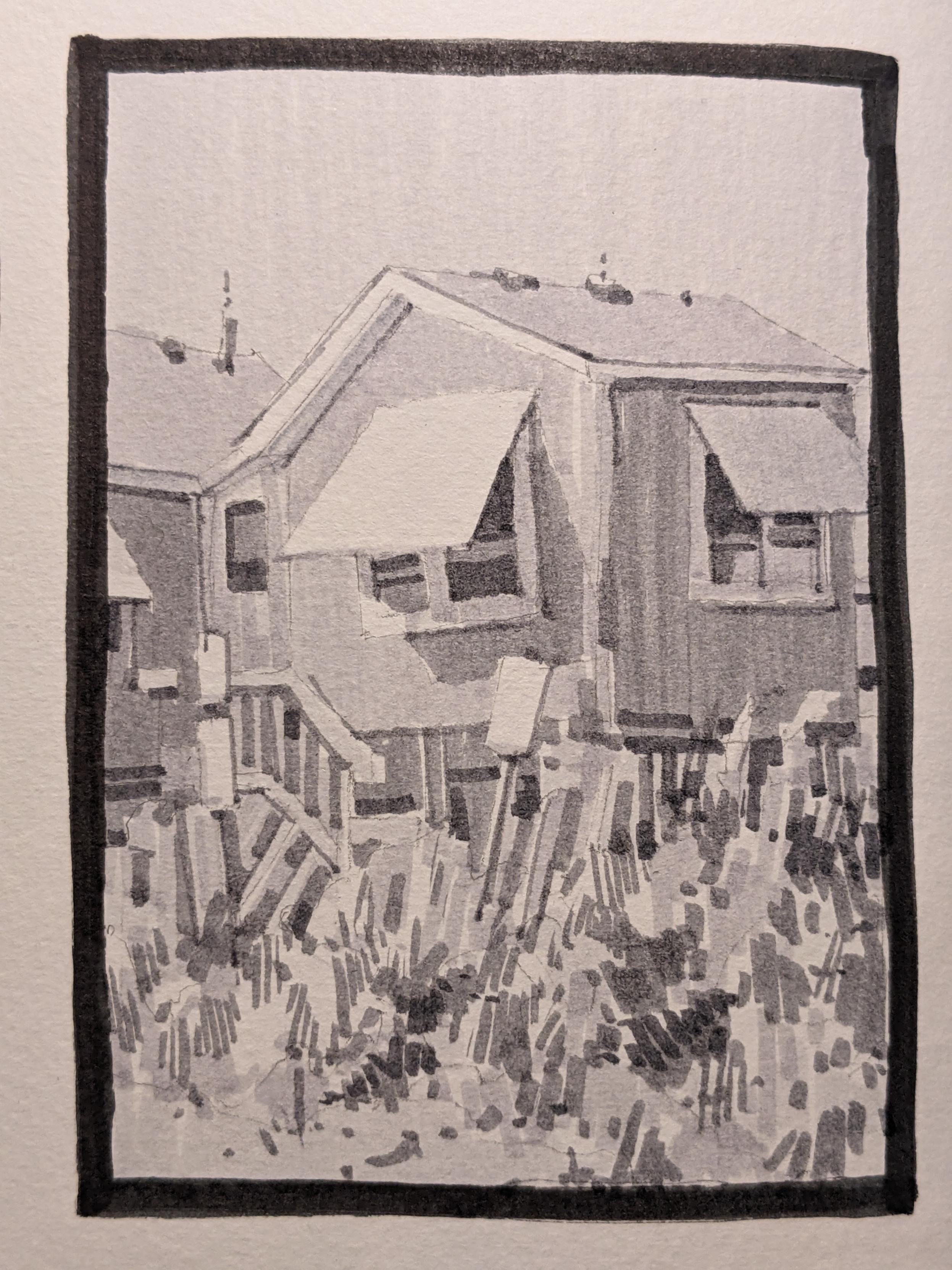 Gray-scale marker drawing of a cottage in Kitty Hawk, North Carolina. A small cottage with white, wooden shudders sets amongst the dunes and grass below a bright, hazy summer sky.