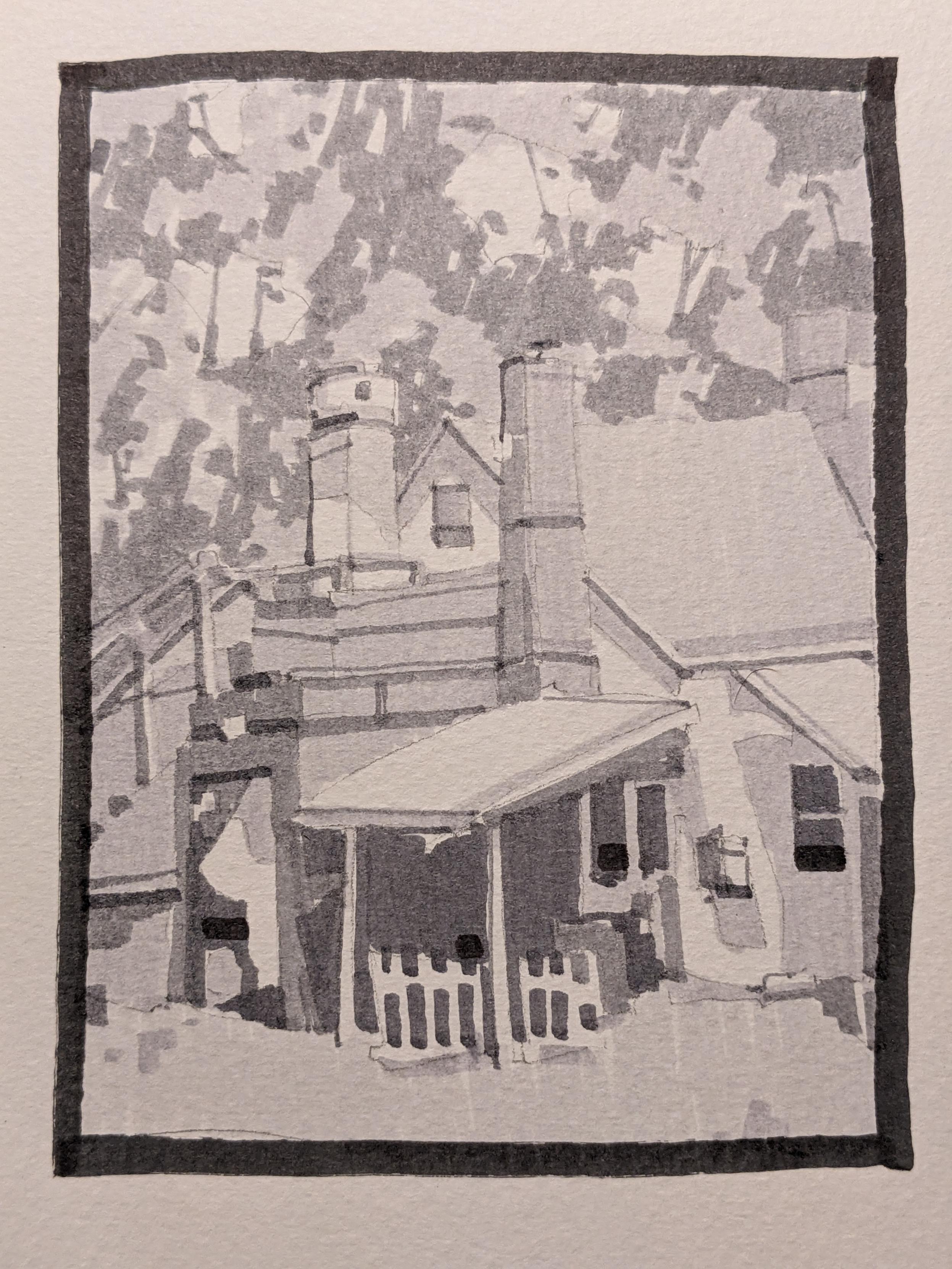 Gray-scale marker drawing of the back of a convenience store in Millerton, New York. Shaded entries and exits crowd behind a store as metal chimneys rise before large trees covering the afternoon sky in the background. Staircases and discarded fencing catch the sun, creating cutouts of the shadows behind.