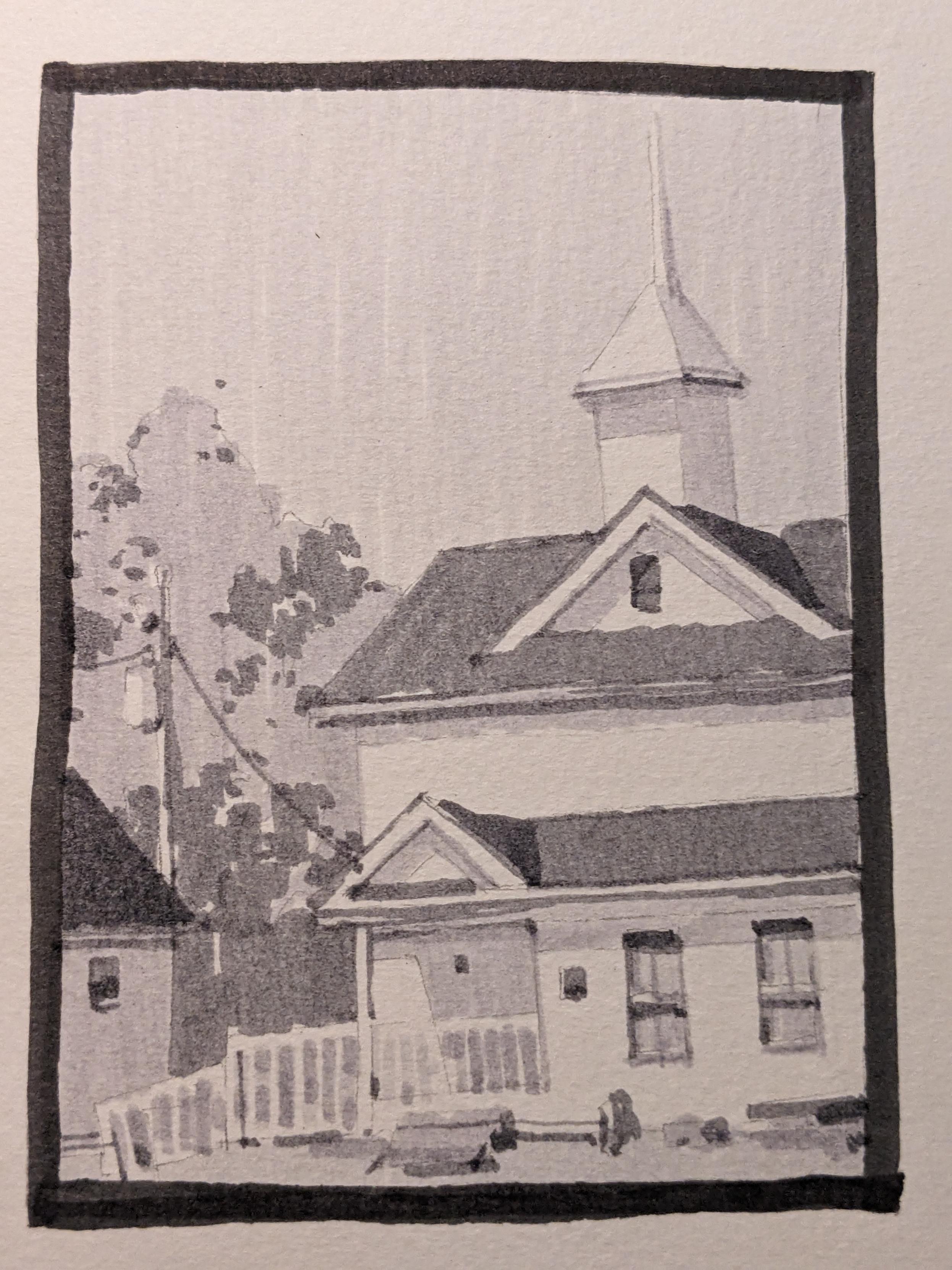 Gray-scale marker drawing of a church in Grandy, North Carolina. A white clapboard church with peaked roofs enters from the right, a small, enclosed steeple rising to the sky. On the ground floor, fencing runs along the foreground to a shaded entry. Two thin windows reside on the church facade. In the background, tall trees provide little shade from the bright sun.