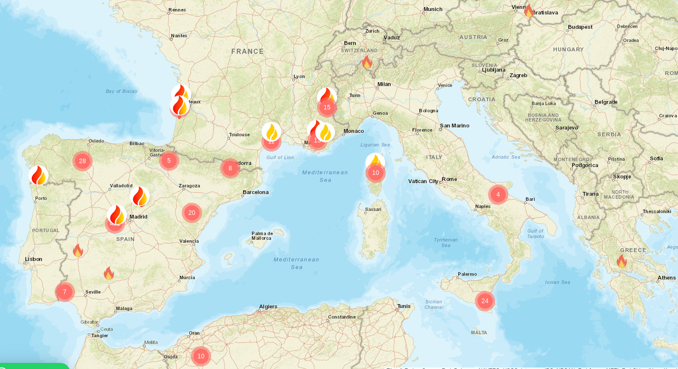 Map of Southern-Europe, from Portugal in the west to Greece in the East, with markings of wild fires currently burning.