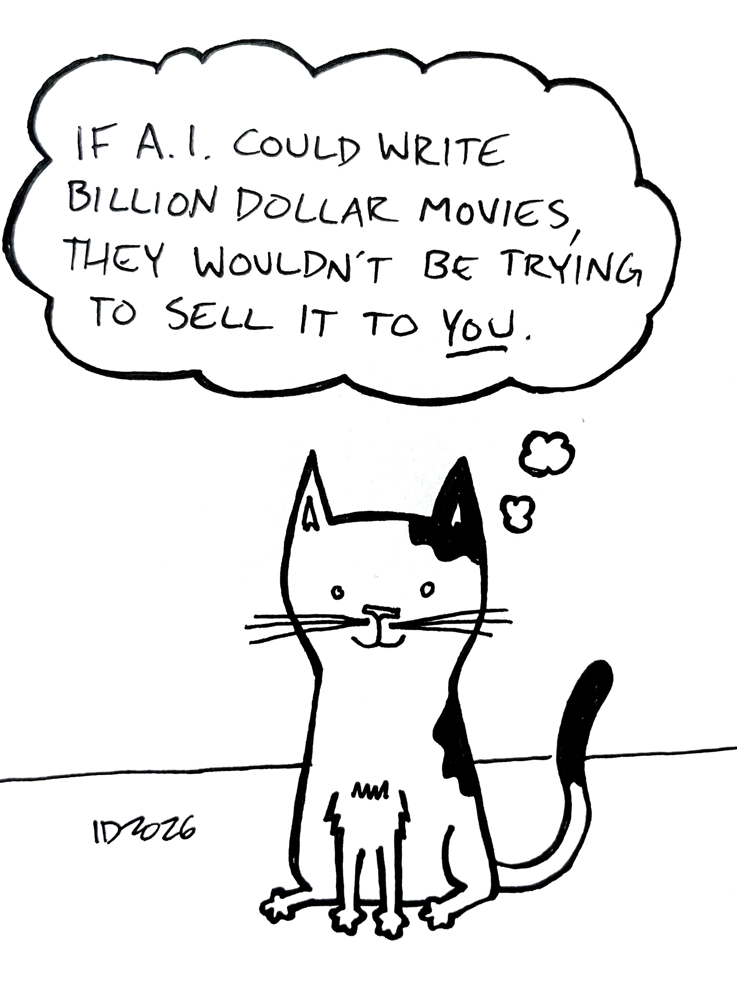 a cat with black spots sits and thinks "if A.I. could write billion dollar movies, they wouldn't be trying to sell it to -you-."