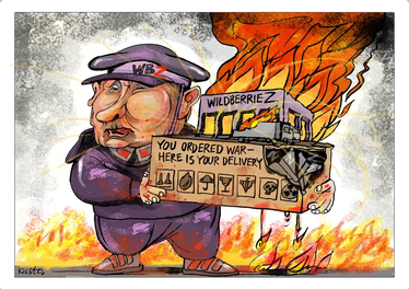 Cartoon by Oleksy Kustovsky shows a caricature of Putin in a parody military uniform with "WBZ" on his hat, holding a delivery box that contains a burning Wildberries warehouse. The S in Wildberries has been replaced with the Z he uses as a symbol of the invasion of Ukraine.
The box says "You ordered war-- here is your delivery"
Flames are all around him, symbolizing war or maybe hell as we all hope he goes there soon