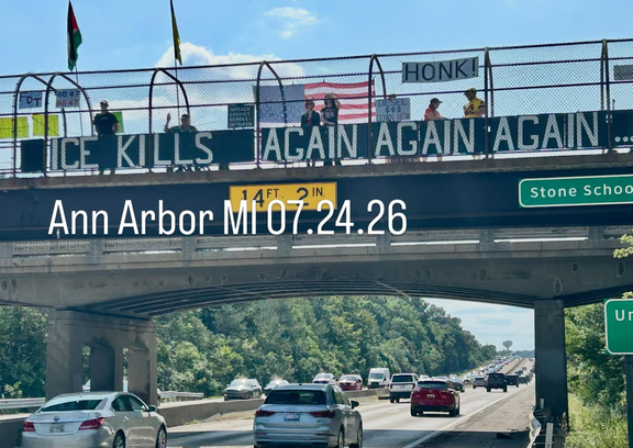 In Ann Arbor Michigan, there's a group of protestors on a pedestrian bridge over a highway with a banner that says "ICE KILLS AGAIN AGAIN AGAIN." There is also a big US flag and a sign that says "HONK!"