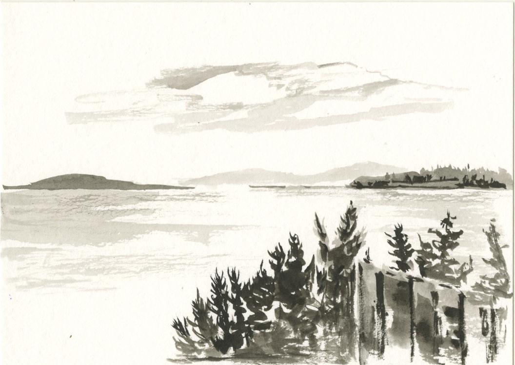 ink drawing on postcard of ocean, islands and trees