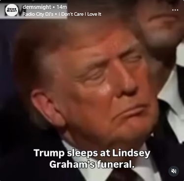 Still of a video posted to social media from @demsmight today. "Trump sleeps at Lindsey Graham's funeral." There is a closeup of Orange Hitler's face that shows him doing just that.