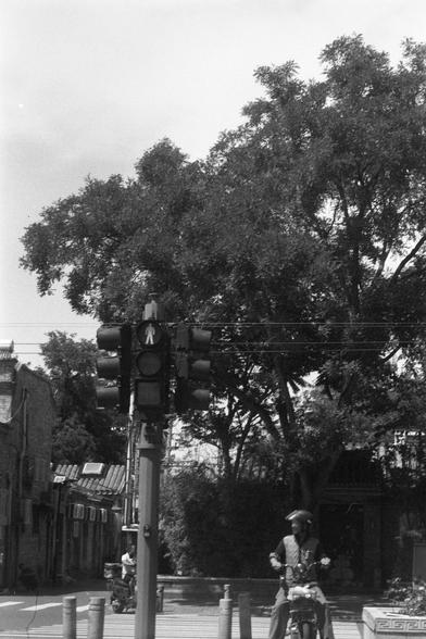 Ilford FP4 Plus 125 (FF)

English
A black-and-white photograph of a street scene. In the foreground, there is a traffic light pole with a pedestrian crossing signal showing a standing figure. Behind the traffic light, a person on a bicycle is riding on the road. The background features trees with dense foliage and traditional-style buildings with tiled roofs. The scene is well-lit, suggesting daytime.
中文
一张黑白照片，展示了一个街道场景。前景是一个交通灯杆，人行横道信号灯显示行人站立图标。交通灯后方，一名骑自行车的人正在道路上行驶。背景是茂密的树木和传统风格的建筑，屋顶覆盖着瓦片。场…