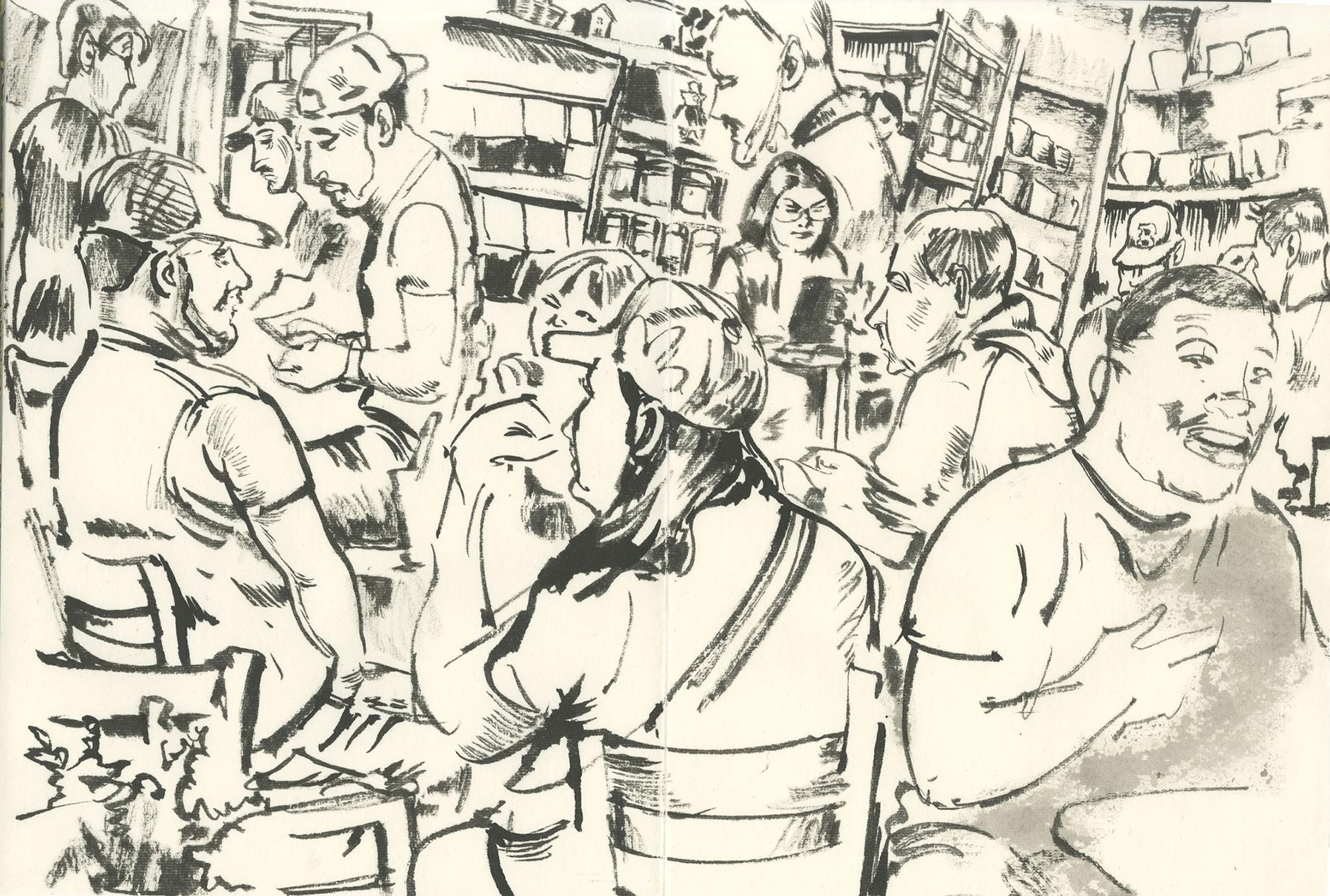 ink drawing in large book of coffee patrons actively conversing or looking at screens
