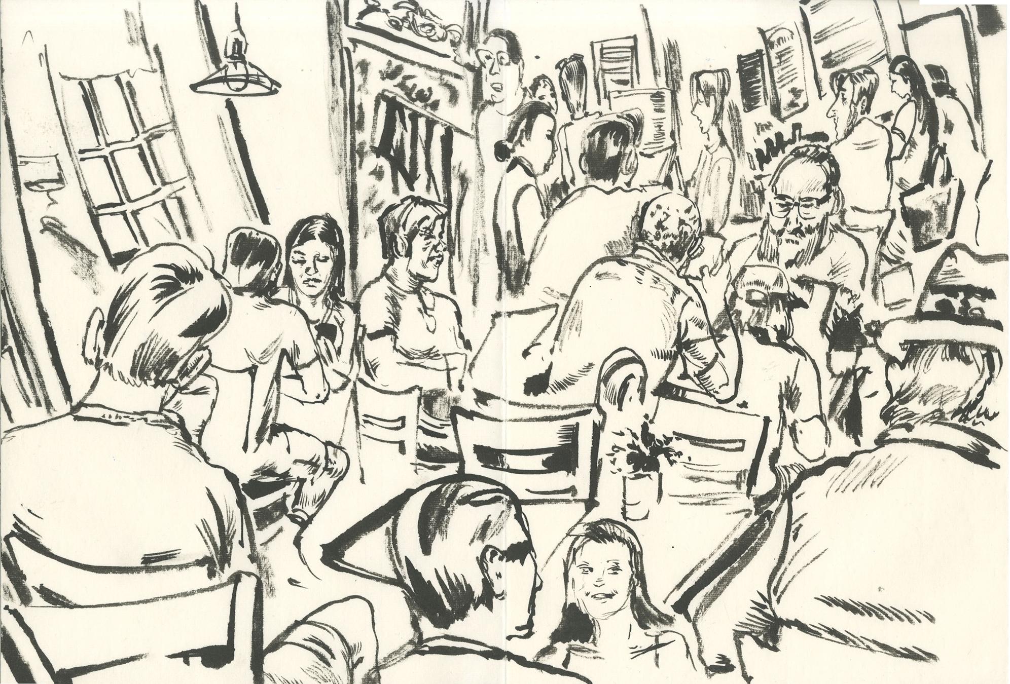 Ink drawing of crowded coffee shop with patrons. On a 2 page spread, about 11 x 17 inches total.