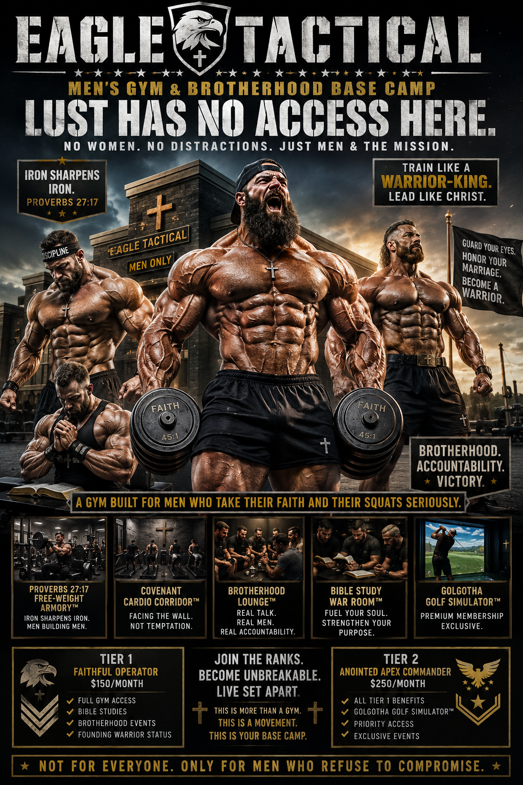 A tall, black-and-gold parody advertisement for “Eagle Tactical Men’s Gym & Brotherhood Base Camp.” The dramatic poster shows four absurdly muscular, shirtless, bearded men outside a fortress-like gym beneath storm clouds. The central man roars while holding enormous dumbbells labeled “FAITH 45:1”; two others stand in heroic poses, while another kneels beside an open Bible in prayer. All wear black athletic shorts, crosses, and intense expressions.

Large distressed lettering declares, “LUST HAS NO ACCESS HERE,” followed by, “No women. No distractions. Just men & the mission.” Additional slogans include “Iron sharpens iron. Proverbs 27:17,” “Train like a warrior-king. Lead like Christ,” and “Guard your eyes. Honor your marriage. Become a warrior.”

The lower half displays five facility features: the Proverbs 27:17 Free-Weight Armory, Covenant Cardio Corridor with machines facing a wall, Brotherhood Lounge, Bible Study War Room, and Golgotha Golf Simulator. Membership panels advertise “Tier 1: Faithful Operator” for $150 per month and “Tier 2: Anointed Apex Commander” for $250 per month. The poster ends with, “Not for everyone. Only for men who refuse to compromise.” The overall style mimics an exaggerated military recruitment poster combined with a hypermasculine Christian fitness advertisement.
