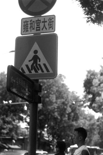 Ilford FP4 Plus 125 (FF)

English
A black-and-white photograph of a street scene featuring a pedestrian crossing sign. The sign displays a triangular symbol with a pedestrian figure and horizontal stripes, indicating a crosswalk. Above it, there is a rectangular sign with Chinese characters that read "雍和宫大街" (Yonghegong Dajie). Below the pedestrian sign, another sign. The background includes blurred trees and a person walking, adding depth to the urban setting.
中文
一张黑白照片，展示了一个街道场景，其中有一个行人过街标志。标…