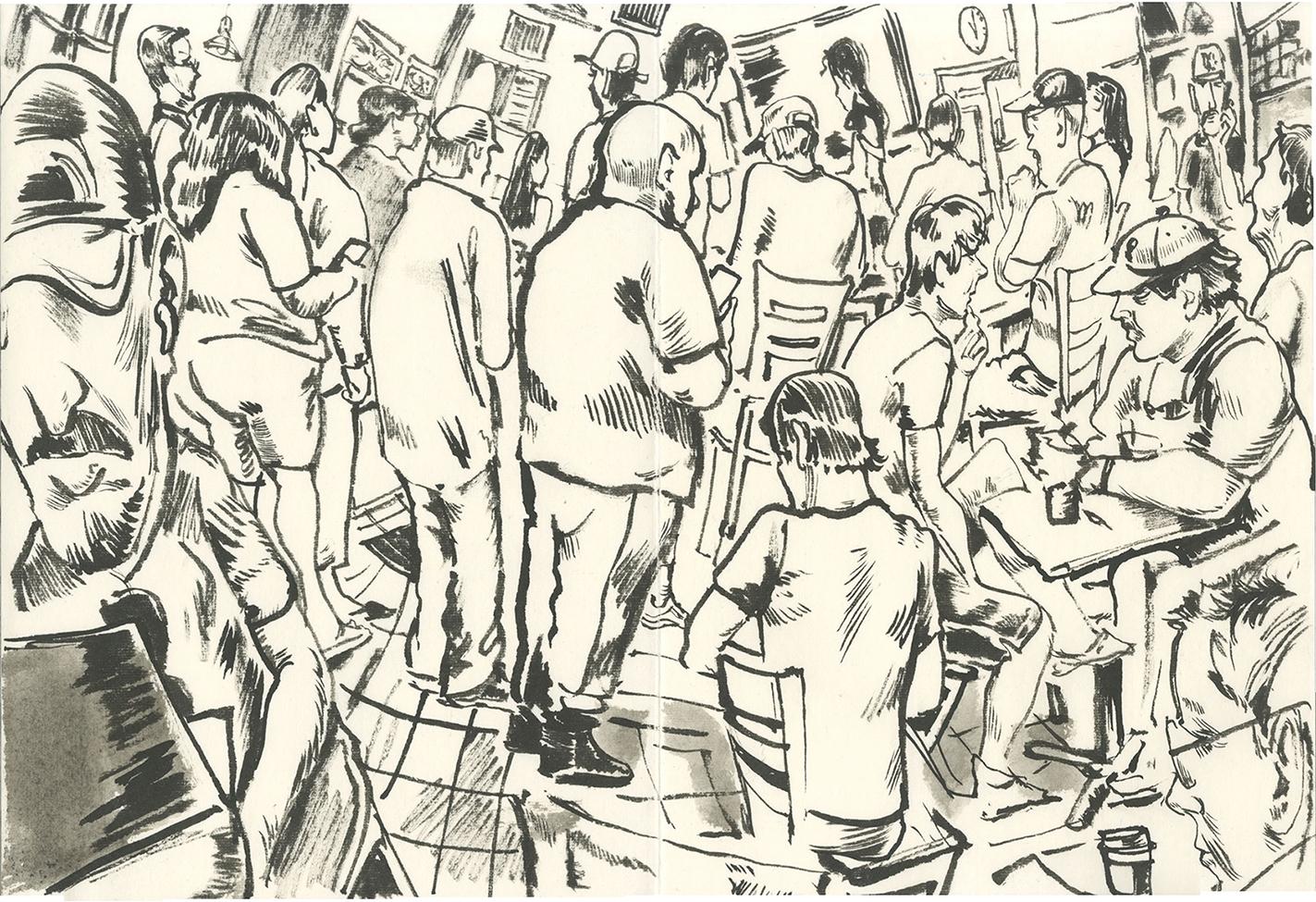 sketch in ink of many patrons at coffee shop on 11x17 inch spread