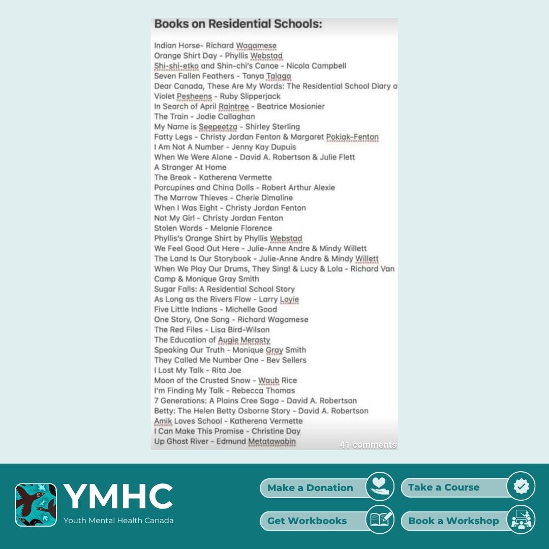 A list of book titles and authors regarding residential schools, including Indian Horse, Orange Shirt Day, and The Marrow Thieves.