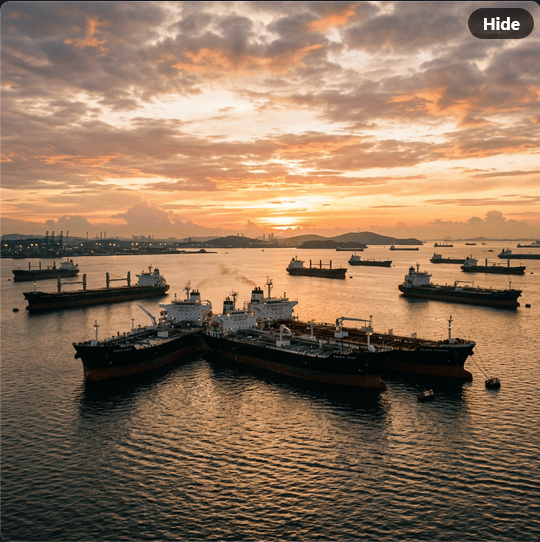 Color image of some of the thousand or so ships waiting to transit the Strait of Hormuz. Image shows a cloud sunlit sky over ships at idle in the water, waiting to pass.