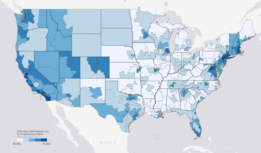 From the National Redistricting Foundation, a map of the US divided into Congressional districts and color coded by percent of residents who own passports. Nearly all the darkest blue (highest passport ownership) districts are blue voting. States like Mississippi and West Virginia, with a lot of poverty from one party unaccountable rule by Republicans, have the lowest rates in the country.

Overall, the passport ownership map almost looks like an electoral map.