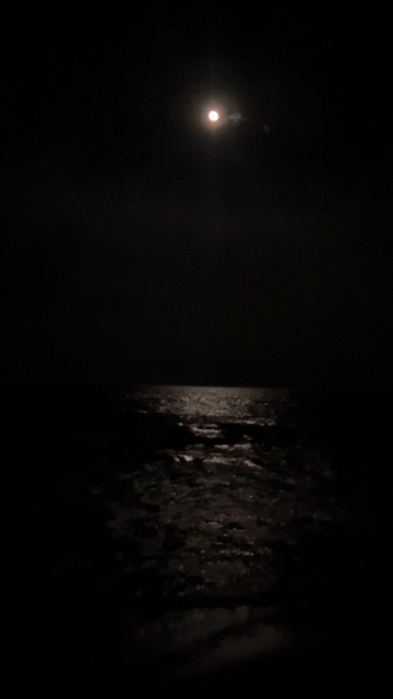A video of the beach at night, around the witching hour, with a still nearly-fulll but waning gibbous moon casting the reflected light down onto the dark ocean.