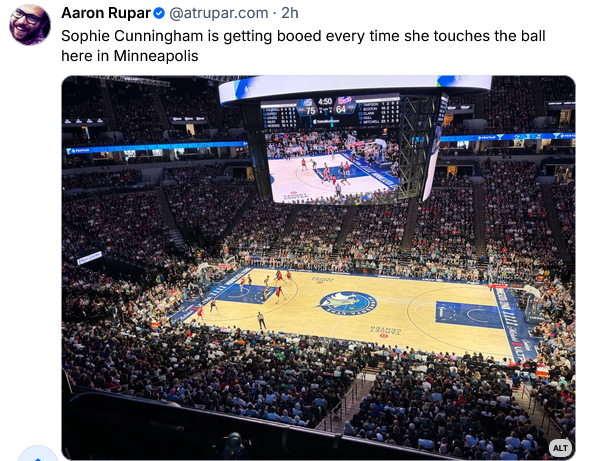 Aaron Rupar shows a WNBA game still and says "Sophie Cunningham is getting booed every time she touches the ball here in Minneapolis."