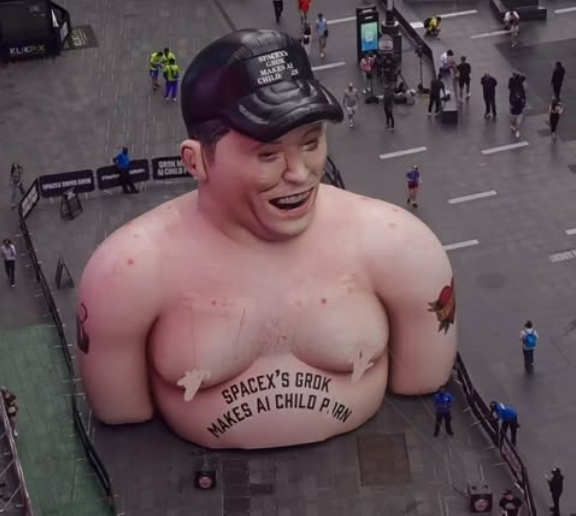 In Times Square, New York artists have created a giant statue of Elon Musk down to about waist level. He is shirtless, and in this picture it looks like they censored the nipples so his moobs wouldn't get picked up and censored as female breasts. Written on his chest is "SPACEX'S GROK MAKES AI CHILD PORN." He also has tattoos on his arms, but I can't see what they say. One is shaped like a heart. He's wearing a black ballcap that also says "SPACEX'S GROK MAKES AI CHILD PORN." Otherwise he is just wearing a ghoulish grin.