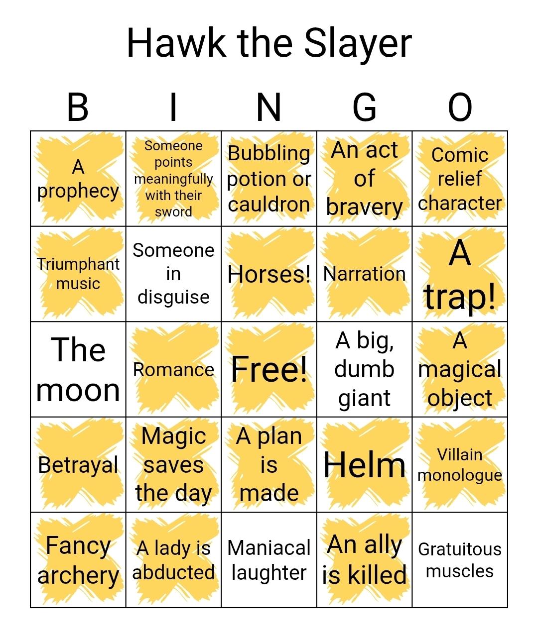 A monsterdon bingo card for the movie Hawk the Slayer.