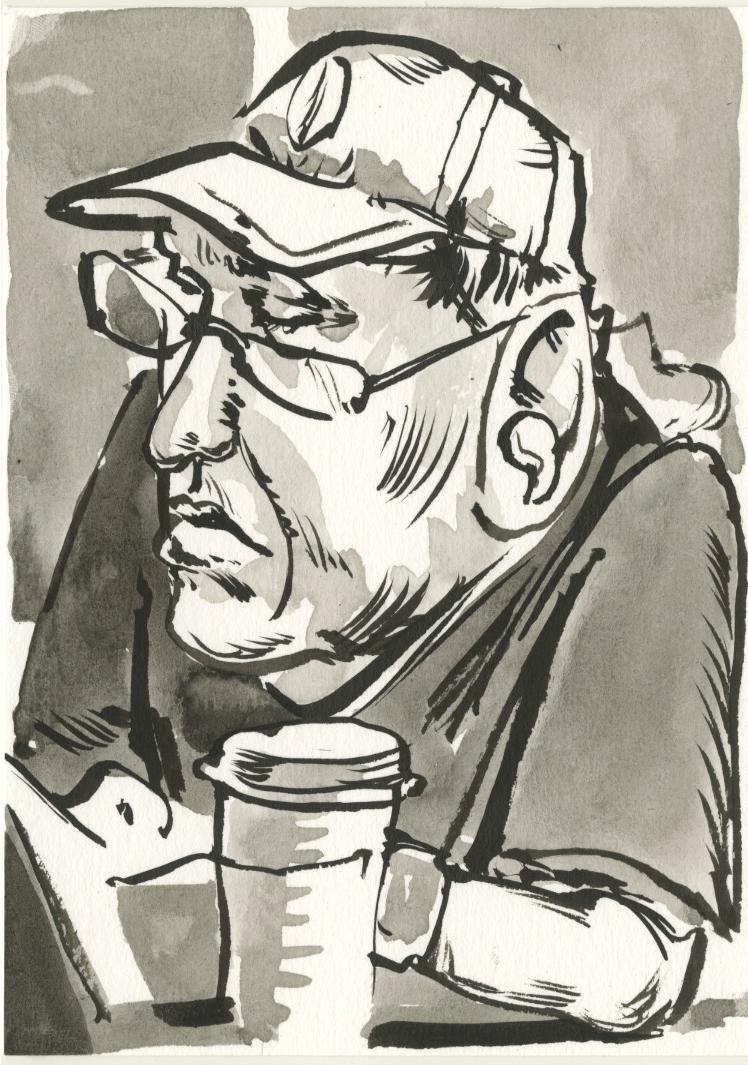 Caricature Ink drawing of an older man in ball cap and glasses. Drawn on postcard with a brush.