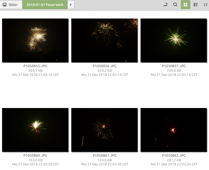 screenshot von Verzeichnis zeigt Ordner "Feuerwerk" mit Bild-Vorschauen