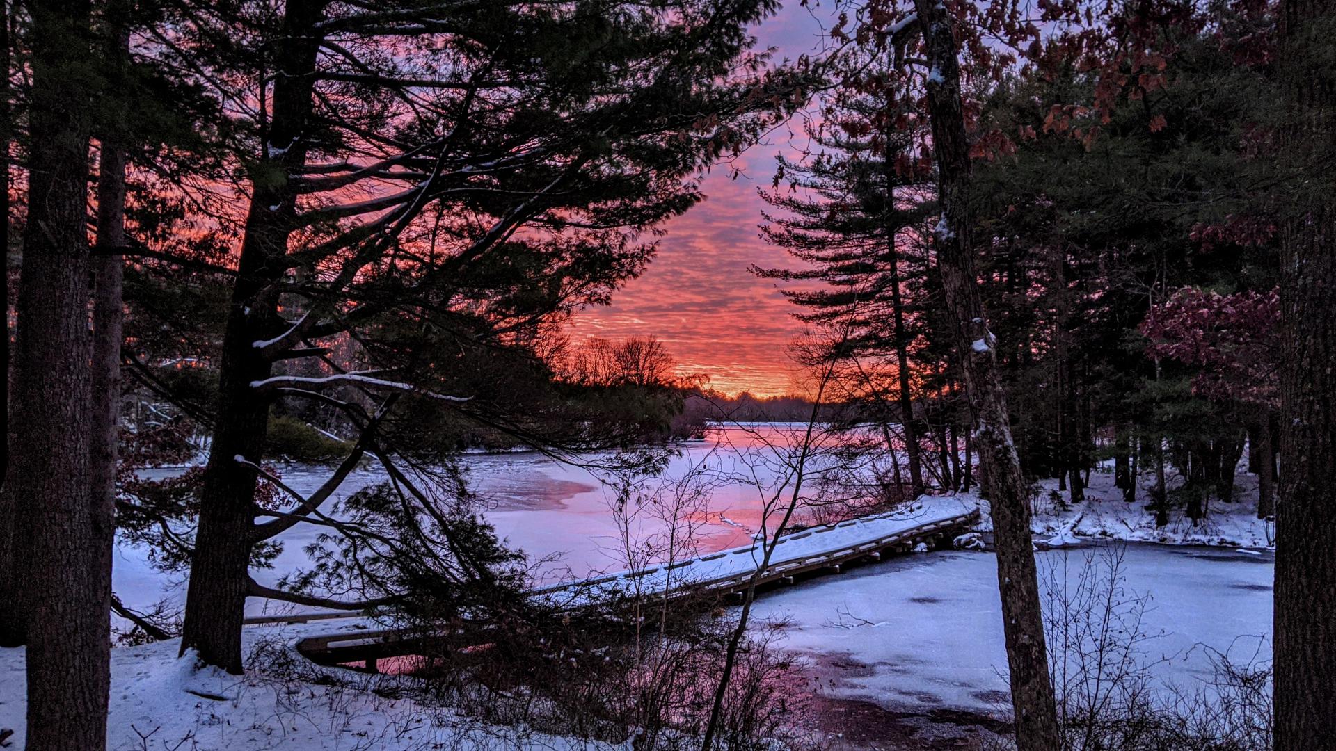 We are looking down a small slope to a wooden footbridge crossing an inlet of a large lake. Most of the lake surface is frozen, a light coating of snow cloaks the ground and most of the ice. There are forests of tall pines on either end of the bridge. The rest of the forest surrounding the lake is mostly leafless hardwoods. There are many thin clouds in the sky. The rising sun is tinting them orange, pink and violet, reflecting on the ice which has no snow cover.