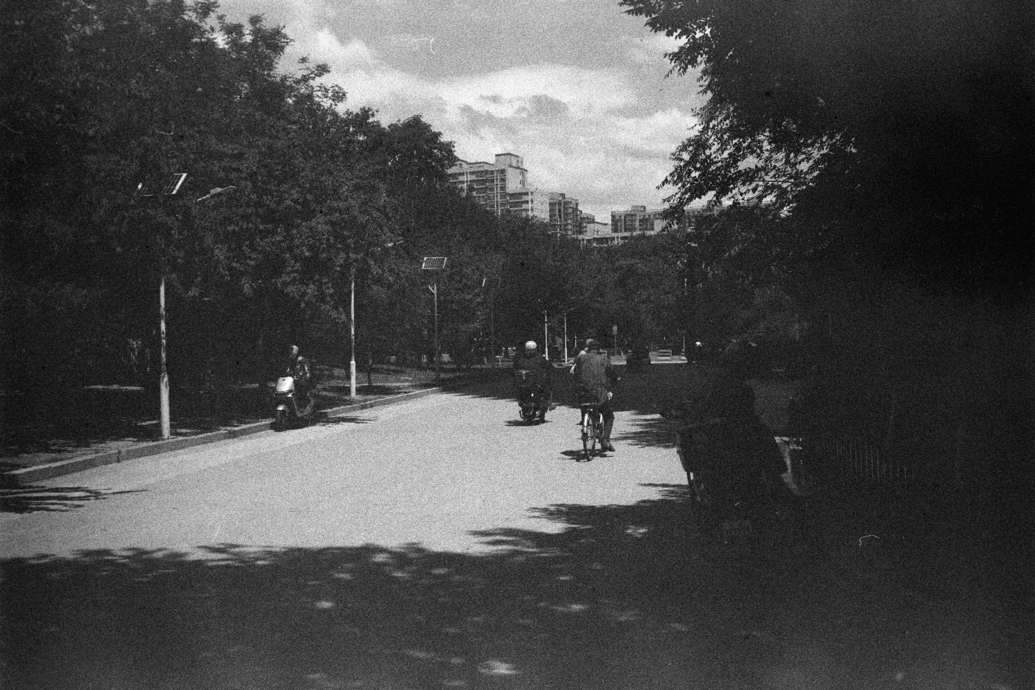 ERA 100 (FF)

English
A black-and-white photograph of a tree-lined path with two individuals riding bicycles away from the camera. The path is flanked by trees and lampposts, with buildings visible in the distance. The sky is partly cloudy, and the scene conveys a peaceful, urban park setting.
中文
一张黑白照片，拍摄的是一条两侧种有树木的小路，两个人骑着自行车远离镜头。小路两旁有树木和路灯，远处可见建筑物。天空部分多云，场景传达出宁静的城市公园氛围。