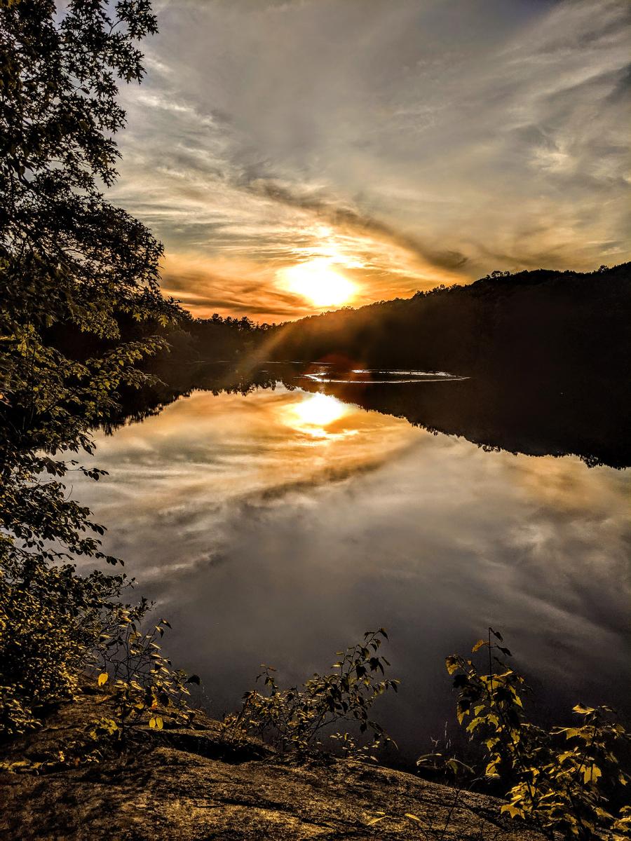Standing beside a pond, in front of an opening in the lush forest that encircles it. A crevassed gray rock below has a few leafy shrubs growing through its cracks. The sun is about to set behind a low ridge running along the far shore, casting a bright yellow glow in the sky above, tinting the hazy swirl of clouds around it gold and orange tones. This is mirrored on the very lightly rippled waters below.
